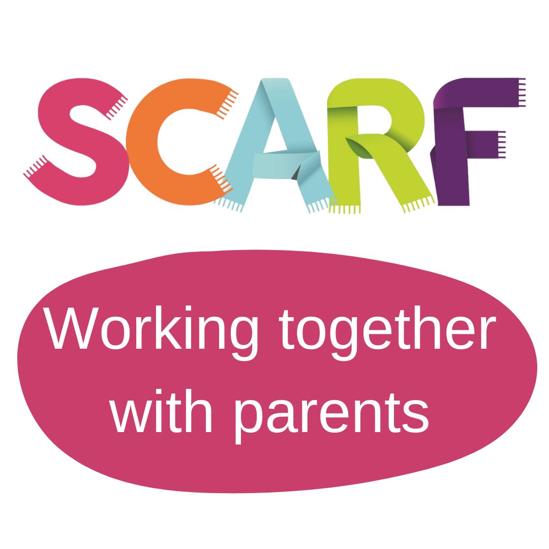 SCARF logo with text Working with Parents underneath it